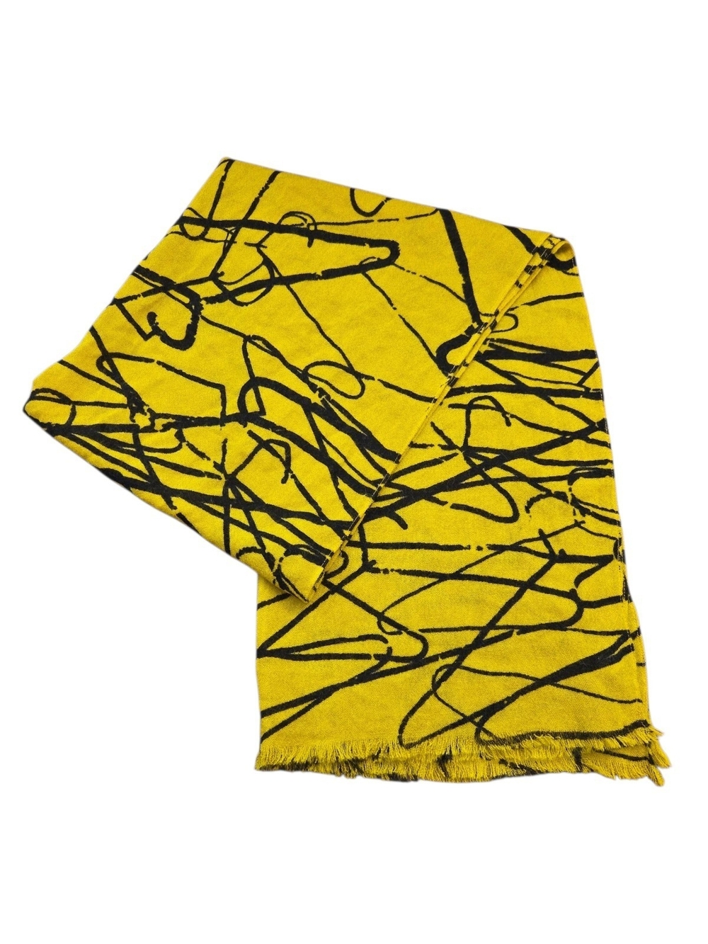 Vintage Mossimo Abstract Hanger Print Scarf Yellow Black Frayed Trim